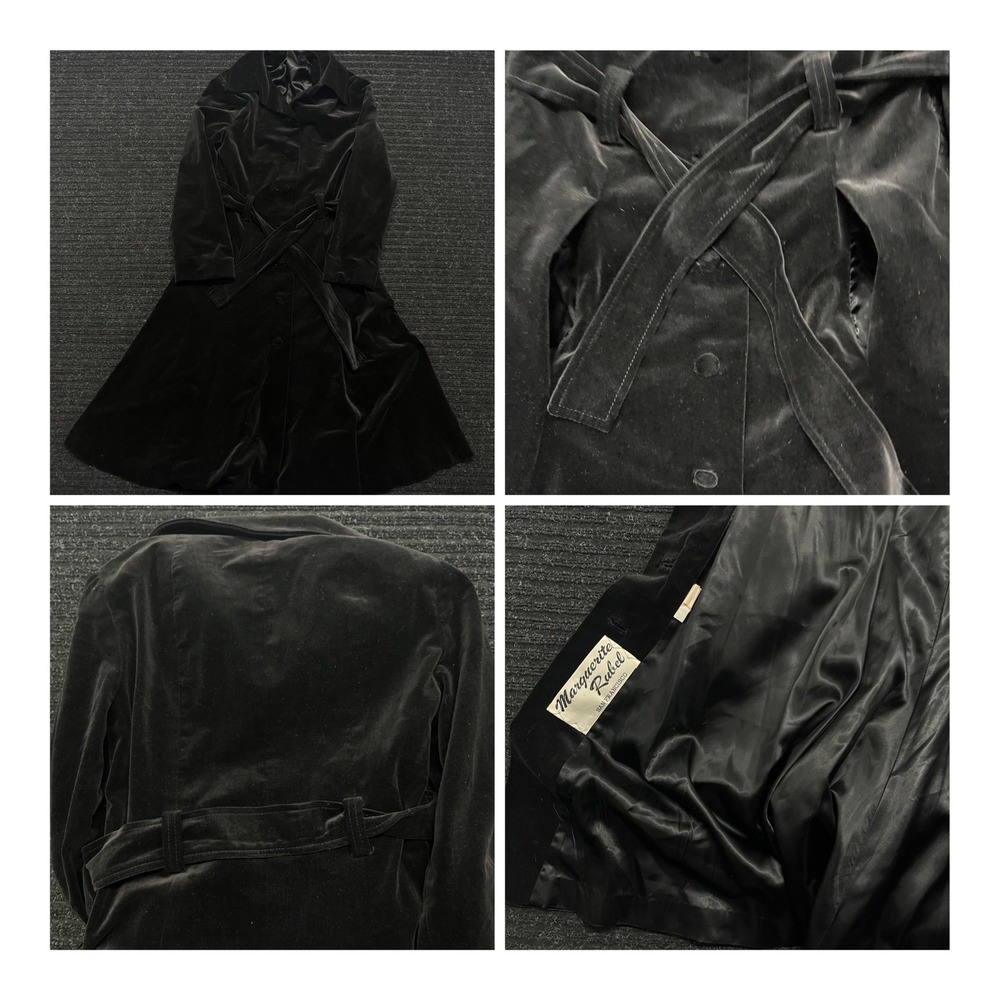 Vintage Marguerite Rubel Black Cotton Velvet Belted Trench Coat Size 6